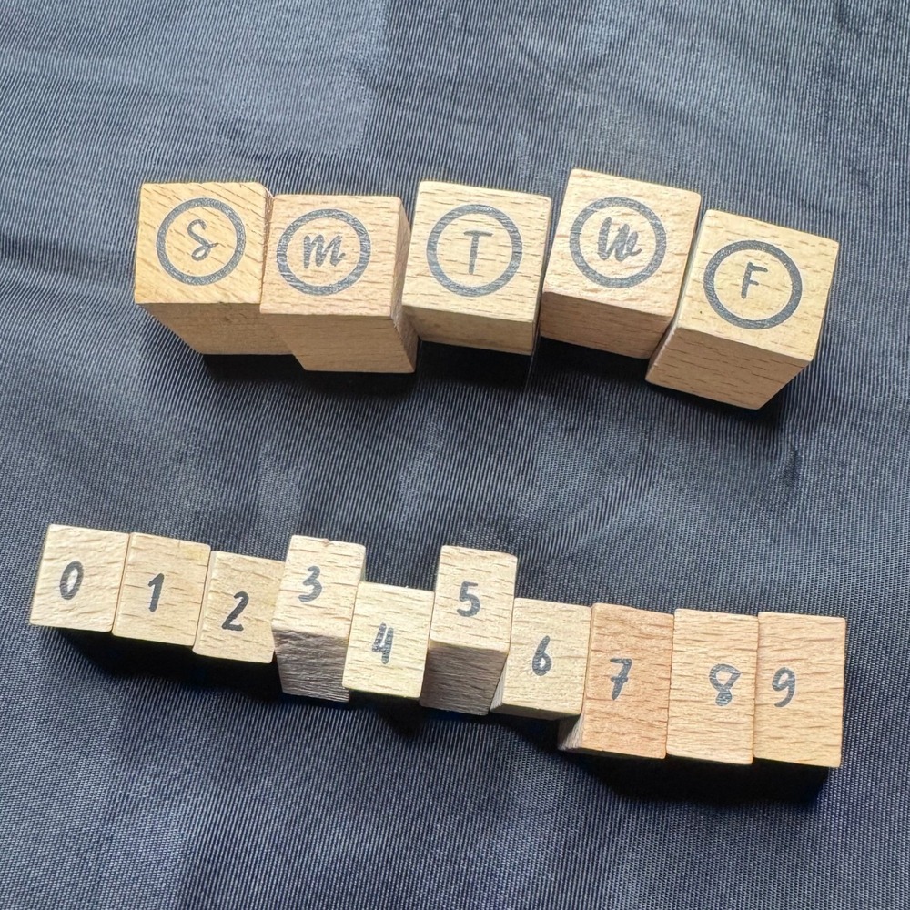 Wooden Block Rubber Stamp Set Days of the Week & Numbers Journaling Paper Craft